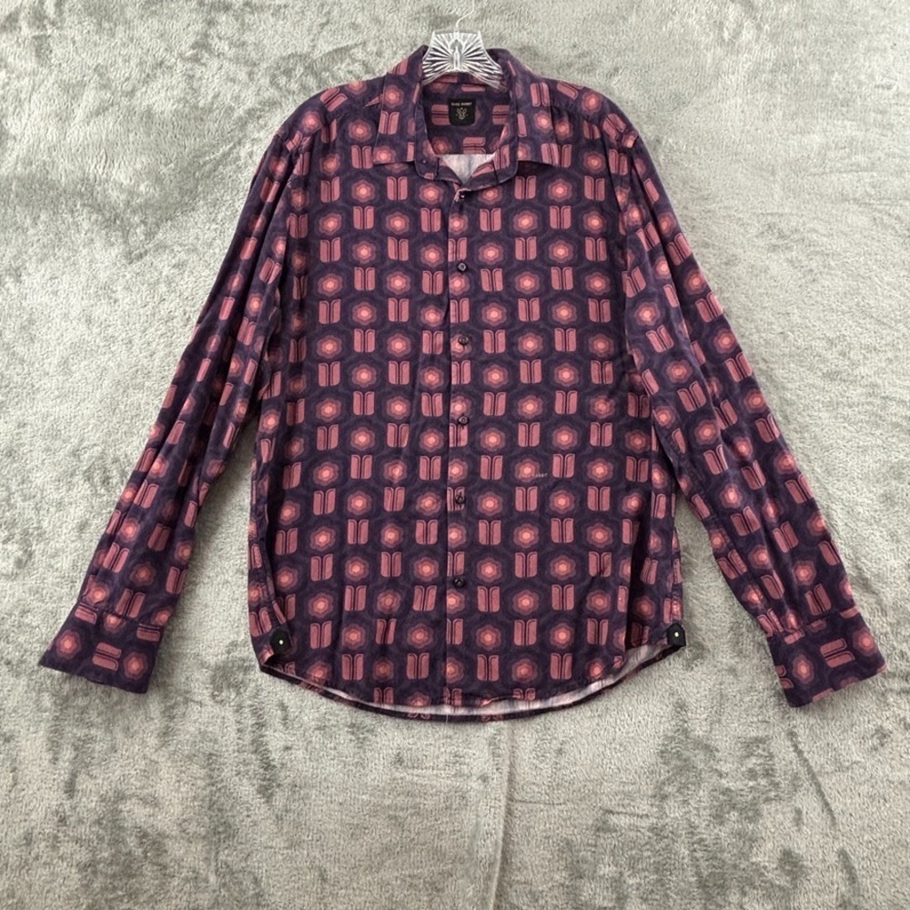 Rare Rabbit Hedwig Shirt Mens L Dark Purple Floral Geometric Button Long Sleeve‎